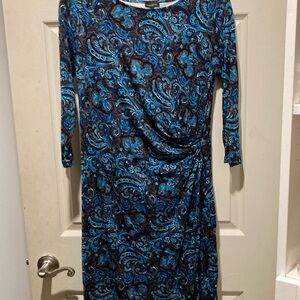 Talbots Black and Blue Ruched Sheath Dress Long Sleeve